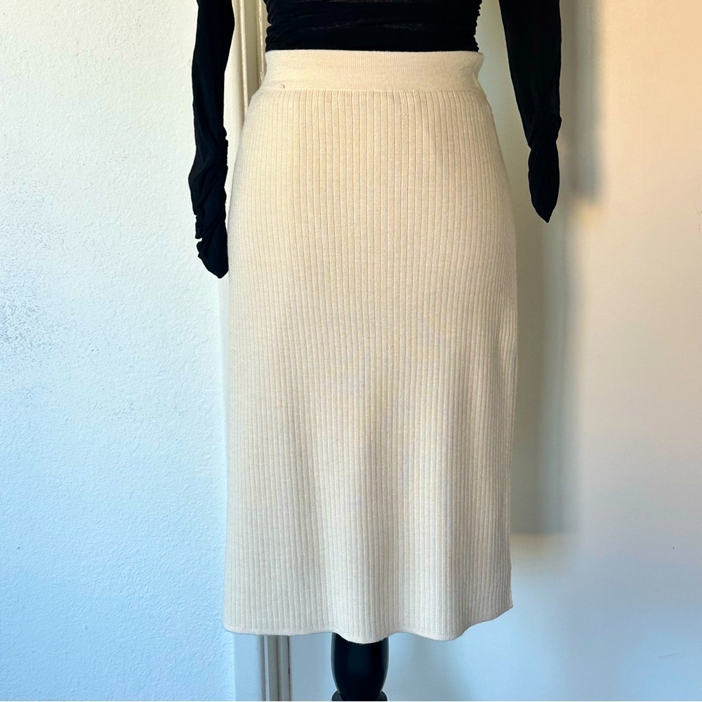 Cream Ribbed Knit Midi Skirt Soft Stretchy Neutral Minimalist Medium